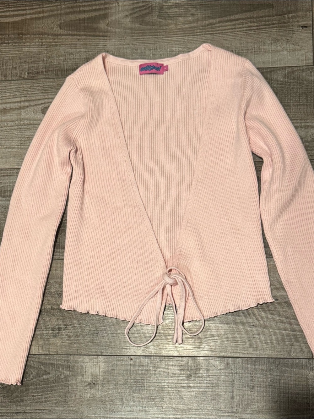 Edikted Pale Pink Ribbed Tie-Front Cardigan